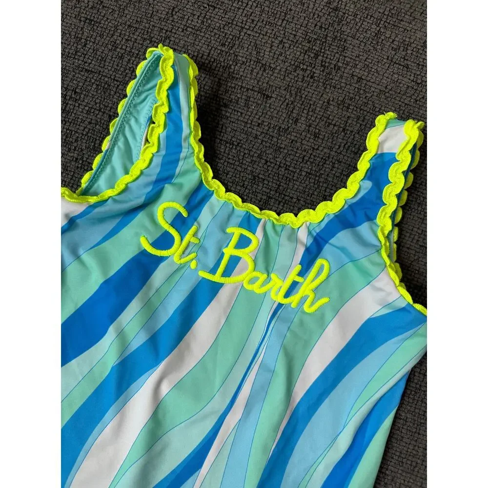 MC2 Saint Barth Girls Blue Wave Print Logo Swimsuit size 12 Made in Italy